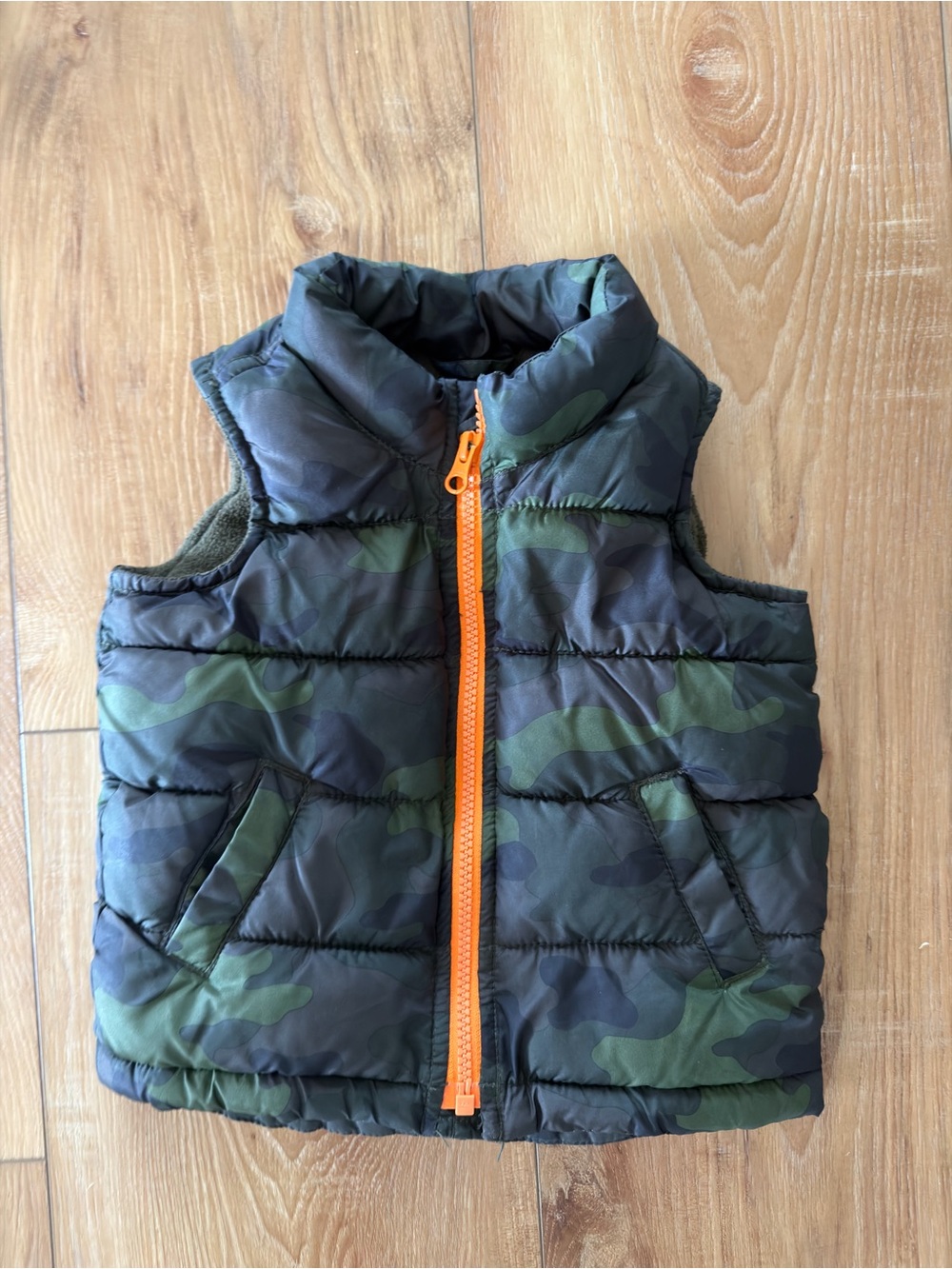 Old Navy Green Camo Puffer Vest with Orange Zip